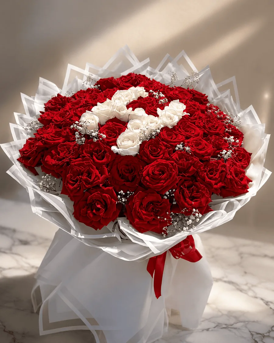Love Letter red rose bouquet with white floral initial in Agadir