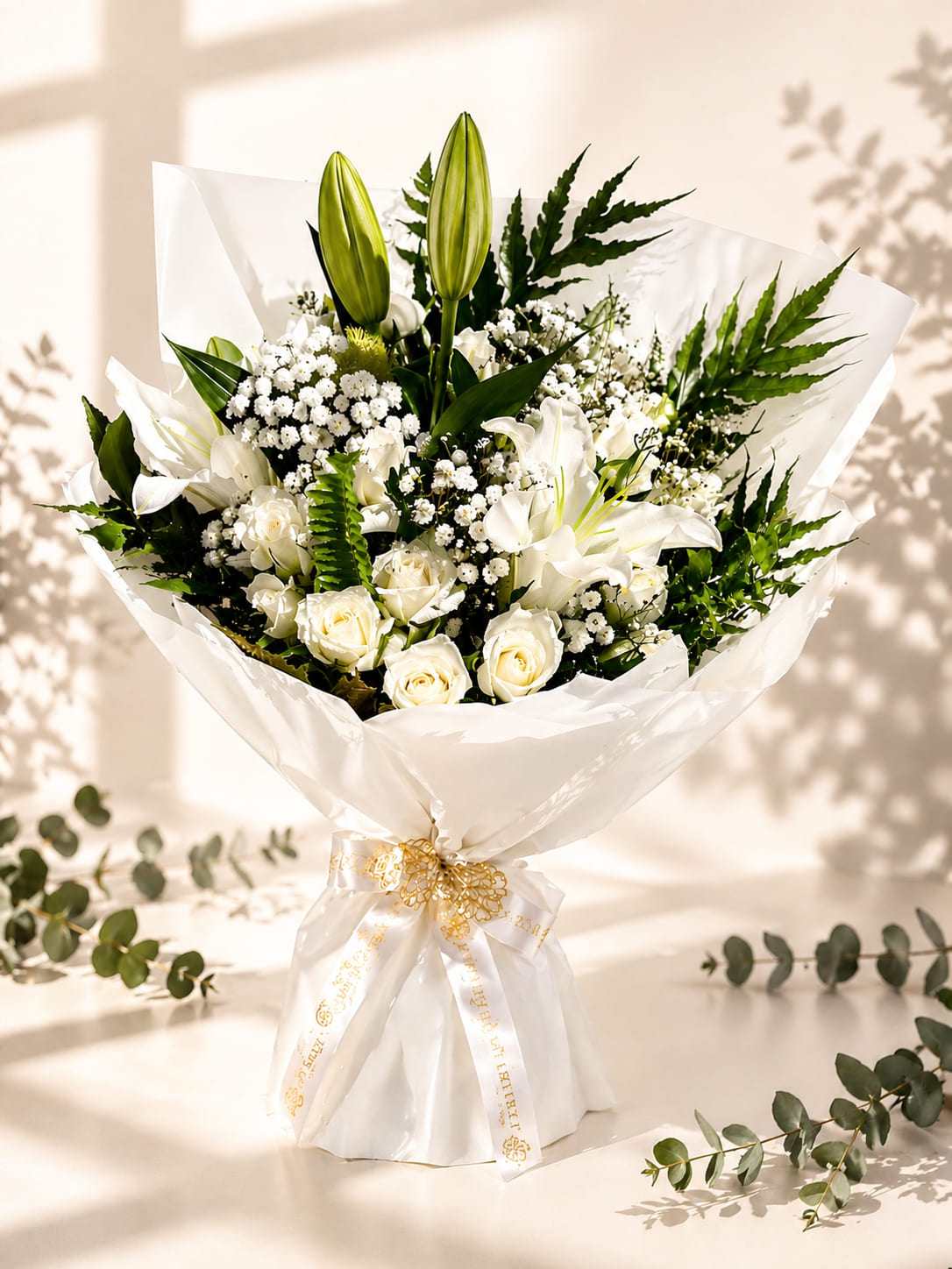 Lilia white lily and rose bouquet with greenery in Casablanca