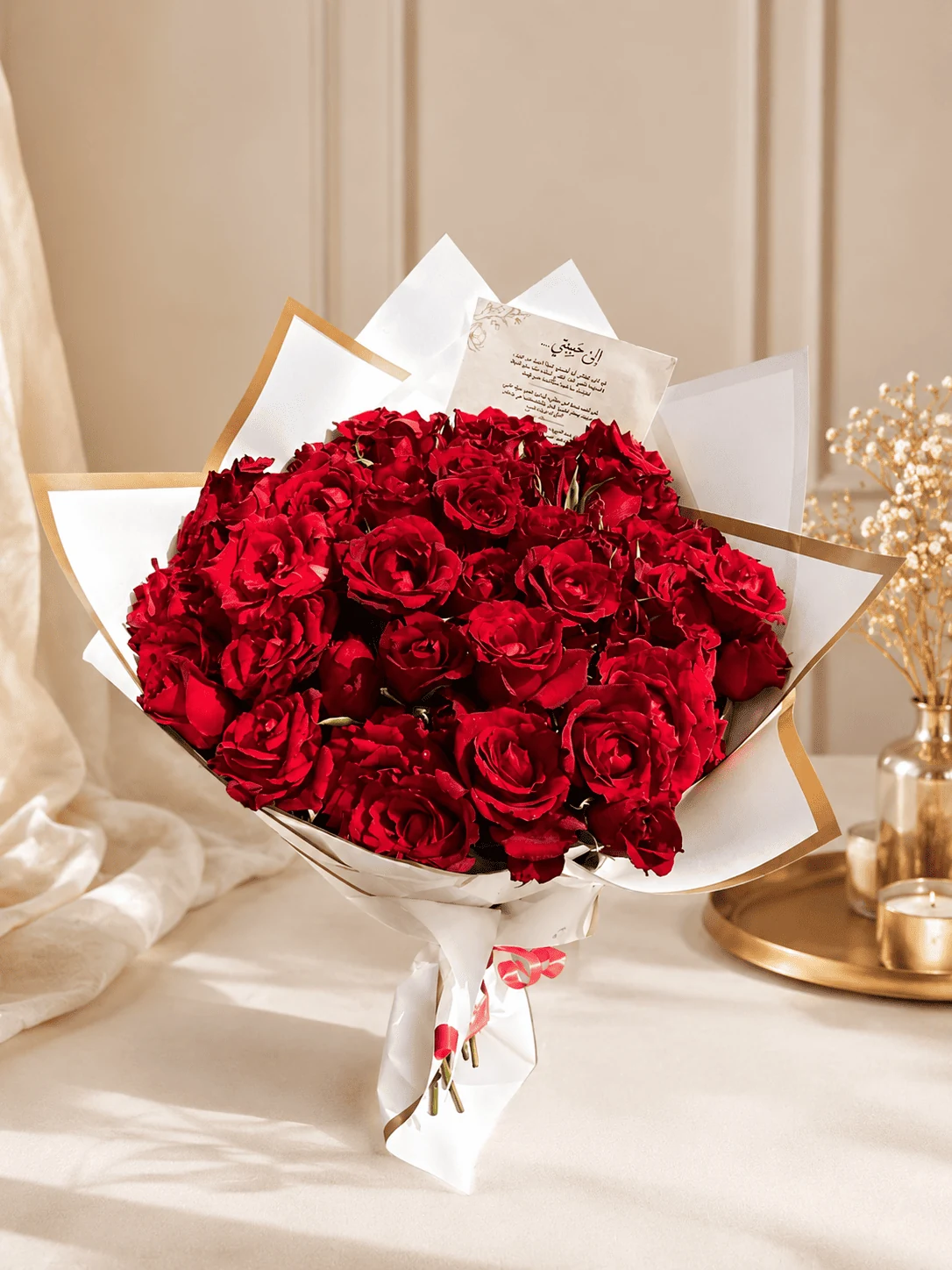 Amour red rose bouquet with white and gold wrapping in Fes