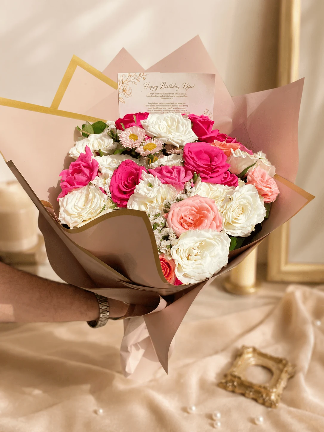 Birthday Bliss pink and white bouquet with card in Fes